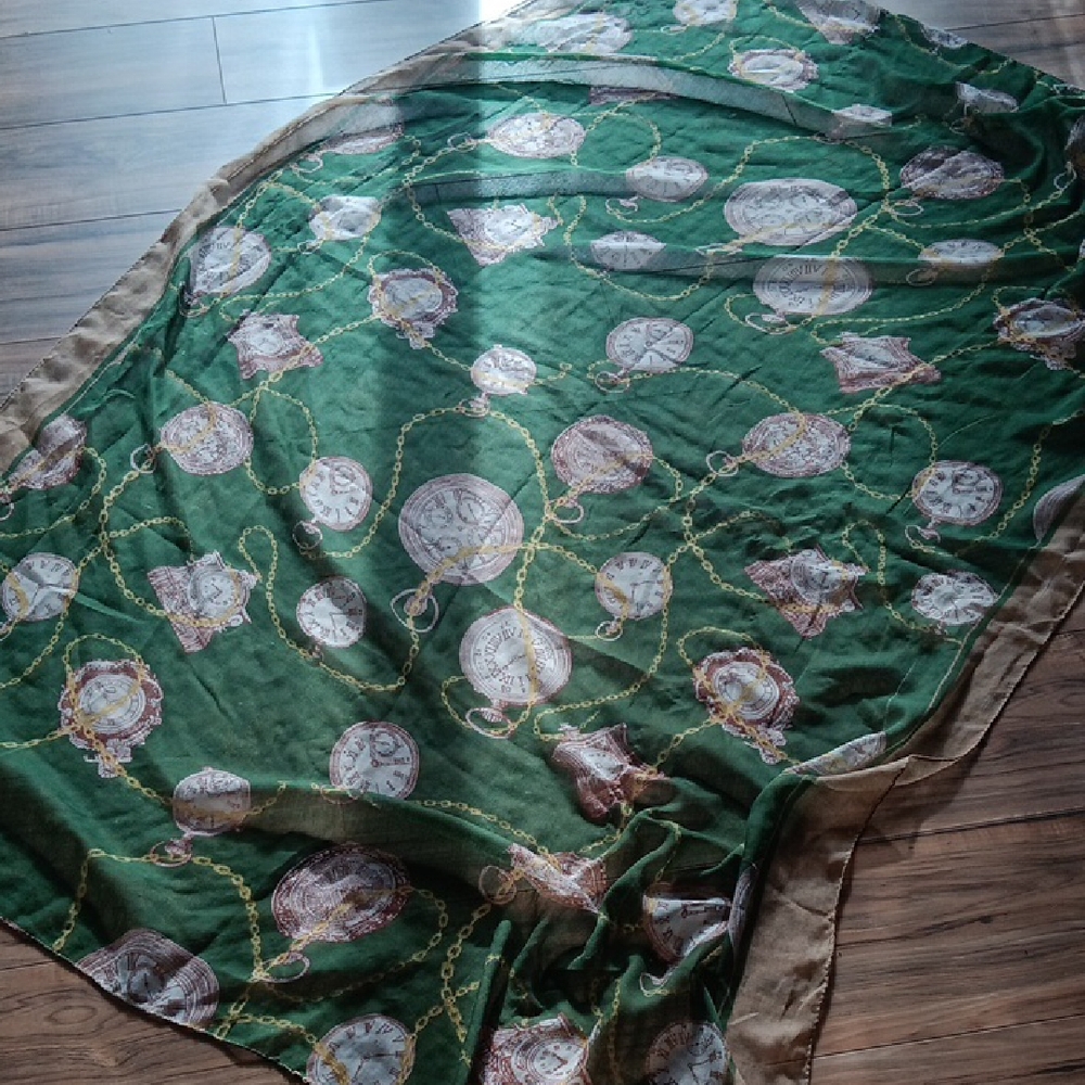 Green and Tan Scarf with Clock Pattern